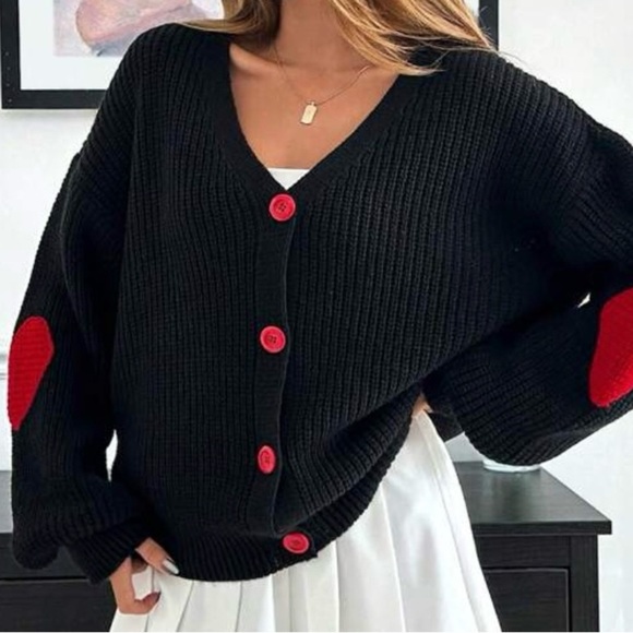 Chic Black Cardigan with Red Heart Accents - Picture 3 of 10